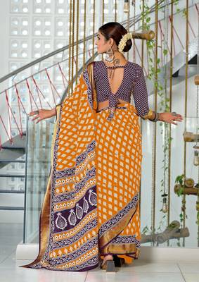 pre draped orange cotton block printed saree with contrast blouse piece 2