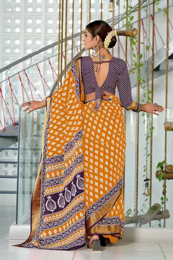 pre draped orange cotton block printed saree with contrast blouse piece