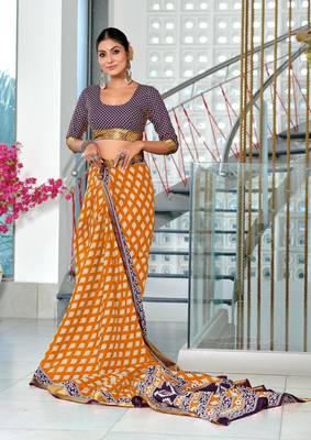 pre draped orange cotton block printed saree with contrast blouse piece 3