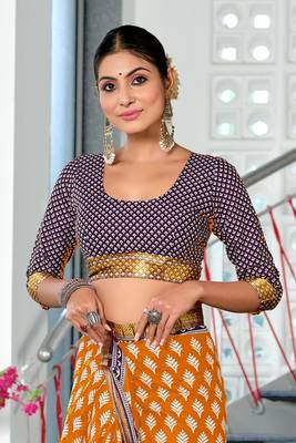 pre draped orange cotton block printed saree with contrast blouse piece 4