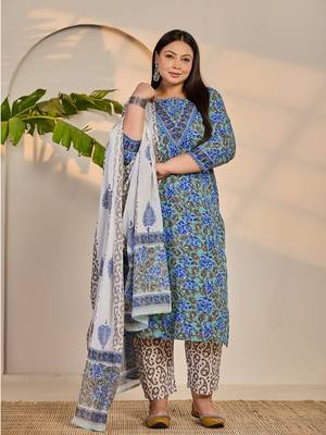 rama green and blue floral sequins work straight plus size kurta trouser dupatta set 1