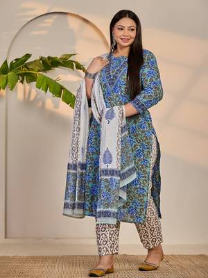 rama green and blue floral sequins work straight plus size kurta trouser dupatta set 2