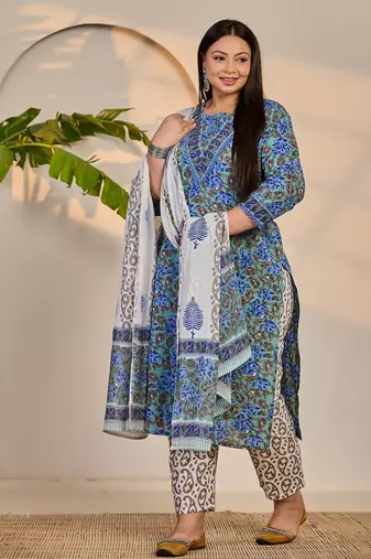 rama green and blue floral sequins work straight plus size kurta trouser dupatta set