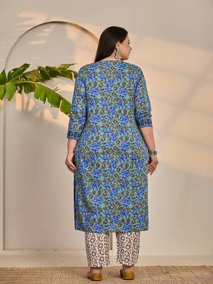 rama green and blue floral sequins work straight plus size kurta trouser dupatta set 3