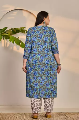rama green and blue floral sequins work straight plus size kurta trouser dupatta set