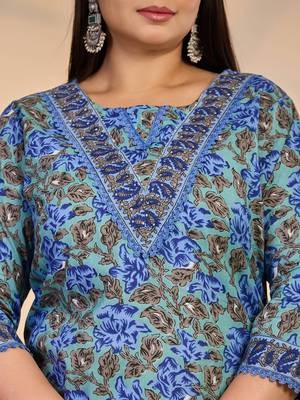 rama green and blue floral sequins work straight plus size kurta trouser dupatta set 4