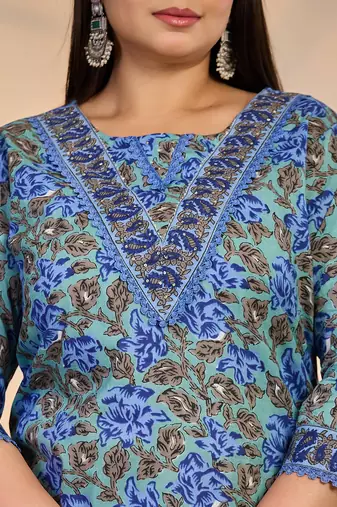 rama green and blue floral sequins work straight plus size kurta trouser dupatta set