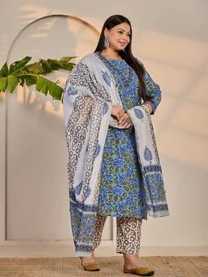 rama green and blue floral sequins work straight plus size kurta trouser dupatta set 5