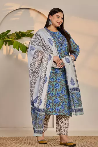 rama green and blue floral sequins work straight plus size kurta trouser dupatta set