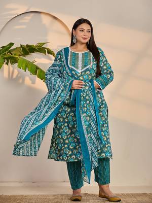 turquoise blue cotton straight plus size kurta trouser dupatta set 1