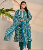 turquoise blue cotton straight plus size kurta trouser dupatta set