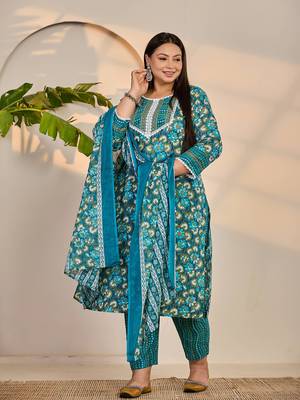 turquoise blue cotton straight plus size kurta trouser dupatta set 2