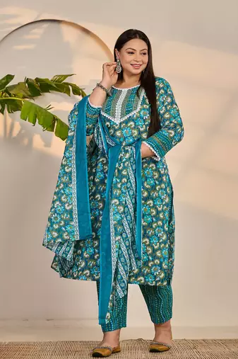 turquoise blue cotton straight plus size kurta trouser dupatta set