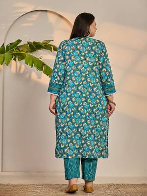 turquoise blue cotton straight plus size kurta trouser dupatta set 3