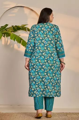 turquoise blue cotton straight plus size kurta trouser dupatta set