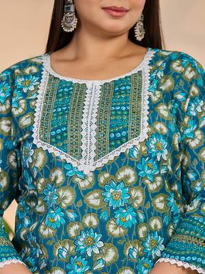 turquoise blue cotton straight plus size kurta trouser dupatta set 4