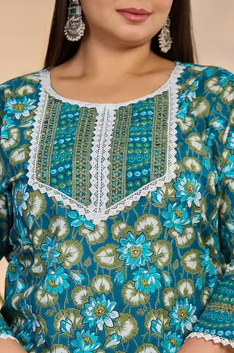 turquoise blue cotton straight plus size kurta trouser dupatta set