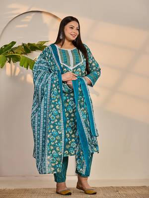 turquoise blue cotton straight plus size kurta trouser dupatta set 5