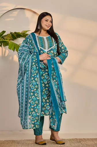 turquoise blue cotton straight plus size kurta trouser dupatta set