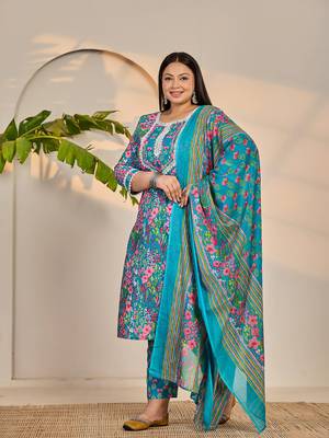turquoise blue cotton lace work straight plus size kurta trouser dupatta set 1