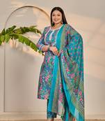 turquoise blue cotton lace work straight plus size kurta trouser dupatta set