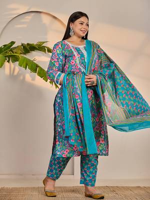 turquoise blue cotton lace work straight plus size kurta trouser dupatta set 2