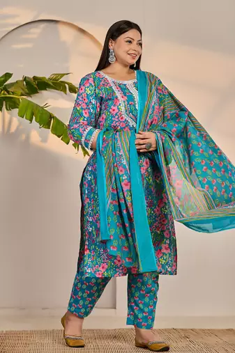 turquoise blue cotton lace work straight plus size kurta trouser dupatta set