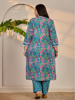 turquoise blue cotton lace work straight plus size kurta trouser dupatta set 3