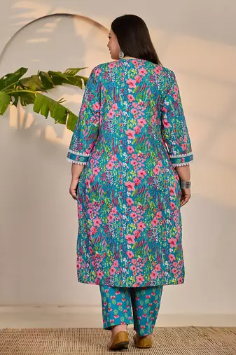 turquoise blue cotton lace work straight plus size kurta trouser dupatta set