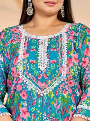 turquoise blue cotton lace work straight plus size kurta trouser dupatta set 4
