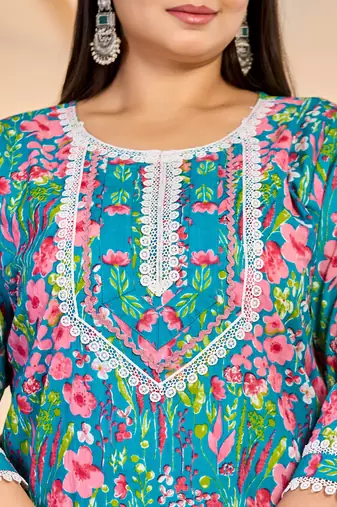 turquoise blue cotton lace work straight plus size kurta trouser dupatta set