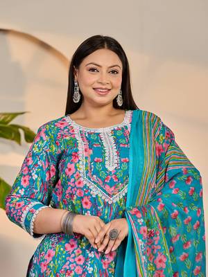 turquoise blue cotton lace work straight plus size kurta trouser dupatta set 5