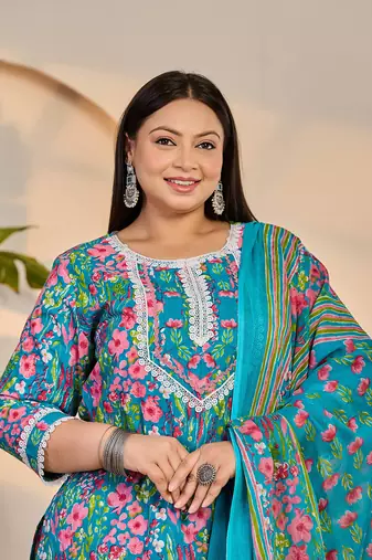 turquoise blue cotton lace work straight plus size kurta trouser dupatta set