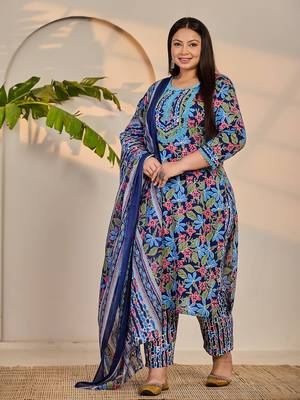 blue cotton lace work straight plus size kurta trouser dupatta set 1