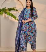 blue cotton lace work straight plus size kurta trouser dupatta set