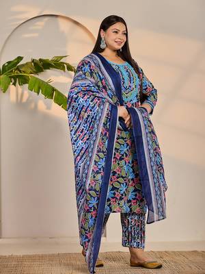 blue cotton lace work straight plus size kurta trouser dupatta set 2