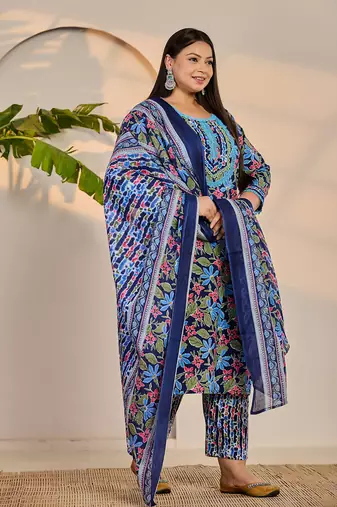 blue cotton lace work straight plus size kurta trouser dupatta set