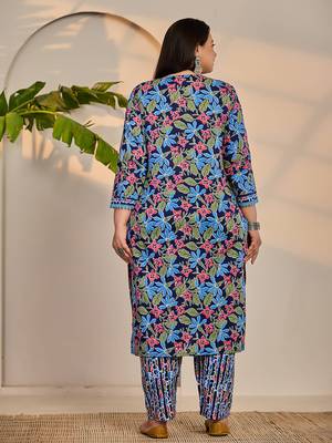 blue cotton lace work straight plus size kurta trouser dupatta set 3
