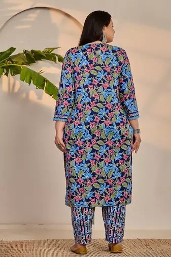 blue cotton lace work straight plus size kurta trouser dupatta set