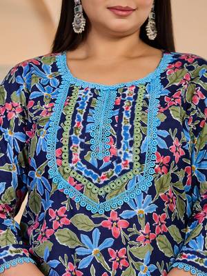 blue cotton lace work straight plus size kurta trouser dupatta set 4