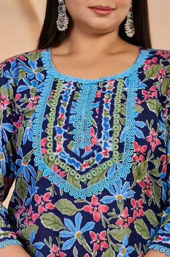 blue cotton lace work straight plus size kurta trouser dupatta set
