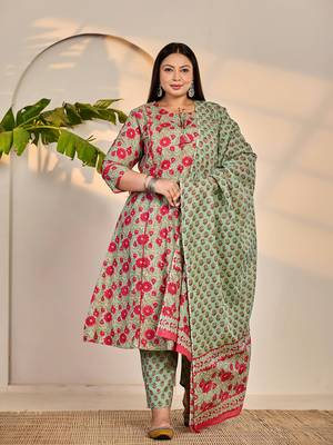 sea green cotton a-line plus size kurta dupatta set 1