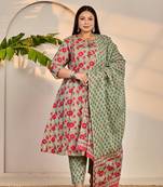 sea green cotton a-line plus size kurta dupatta set