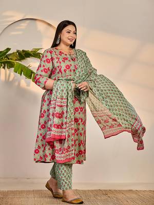 sea green cotton a-line plus size kurta dupatta set 2