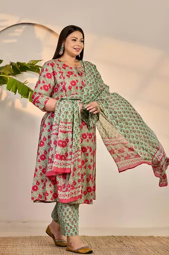 sea green cotton a-line plus size kurta dupatta set