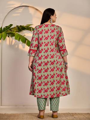 sea green cotton a-line plus size kurta dupatta set 3