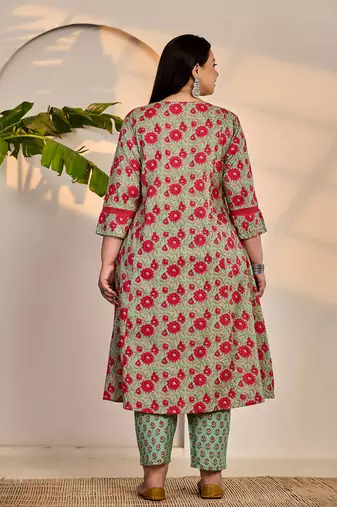 sea green cotton a-line plus size kurta dupatta set
