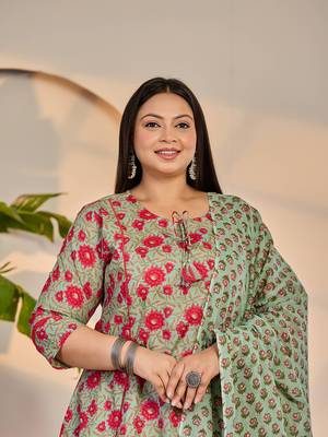 sea green cotton a-line plus size kurta dupatta set 4