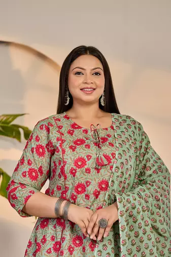 sea green cotton a-line plus size kurta dupatta set