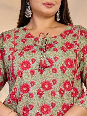 sea green cotton a-line plus size kurta dupatta set 5